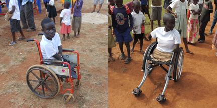 Fatuma before and after receiving her new RoughRider Wheelchair in Masake, Uganda
